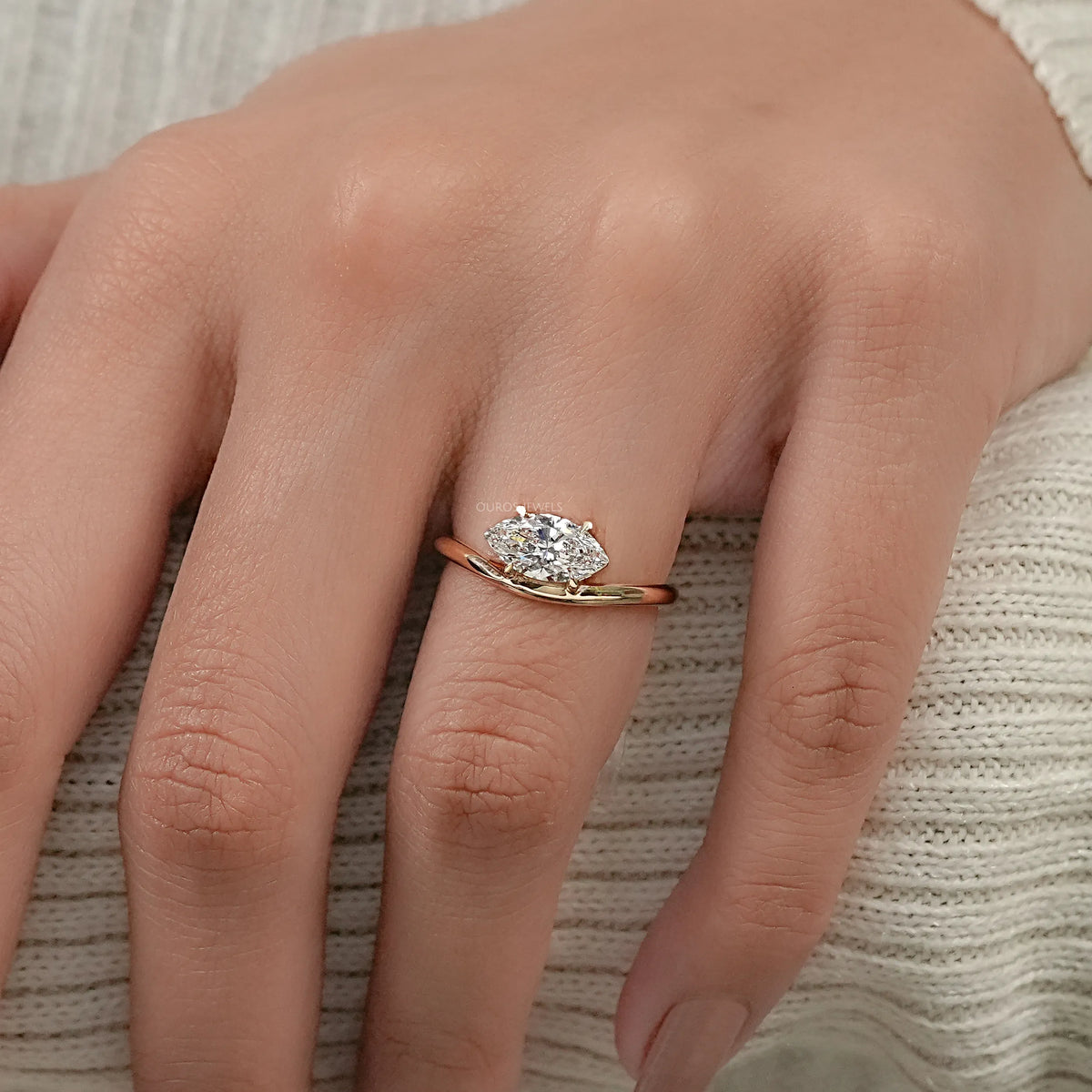 Marquise Lab Diamond Solitaire Curved Ring Ring