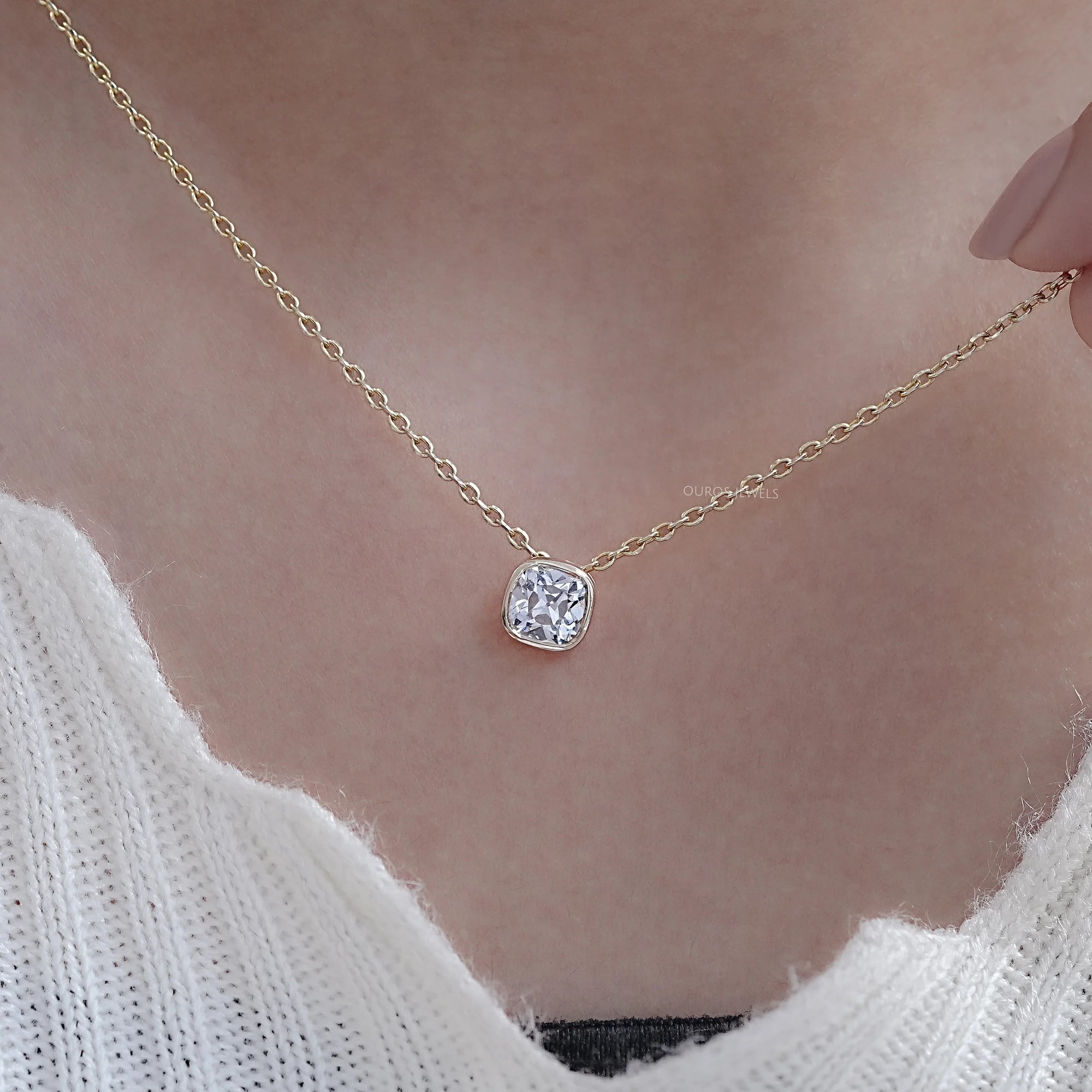 Square Old Mine Cushion Cut Bezel Solitaire Pendant Necklaces