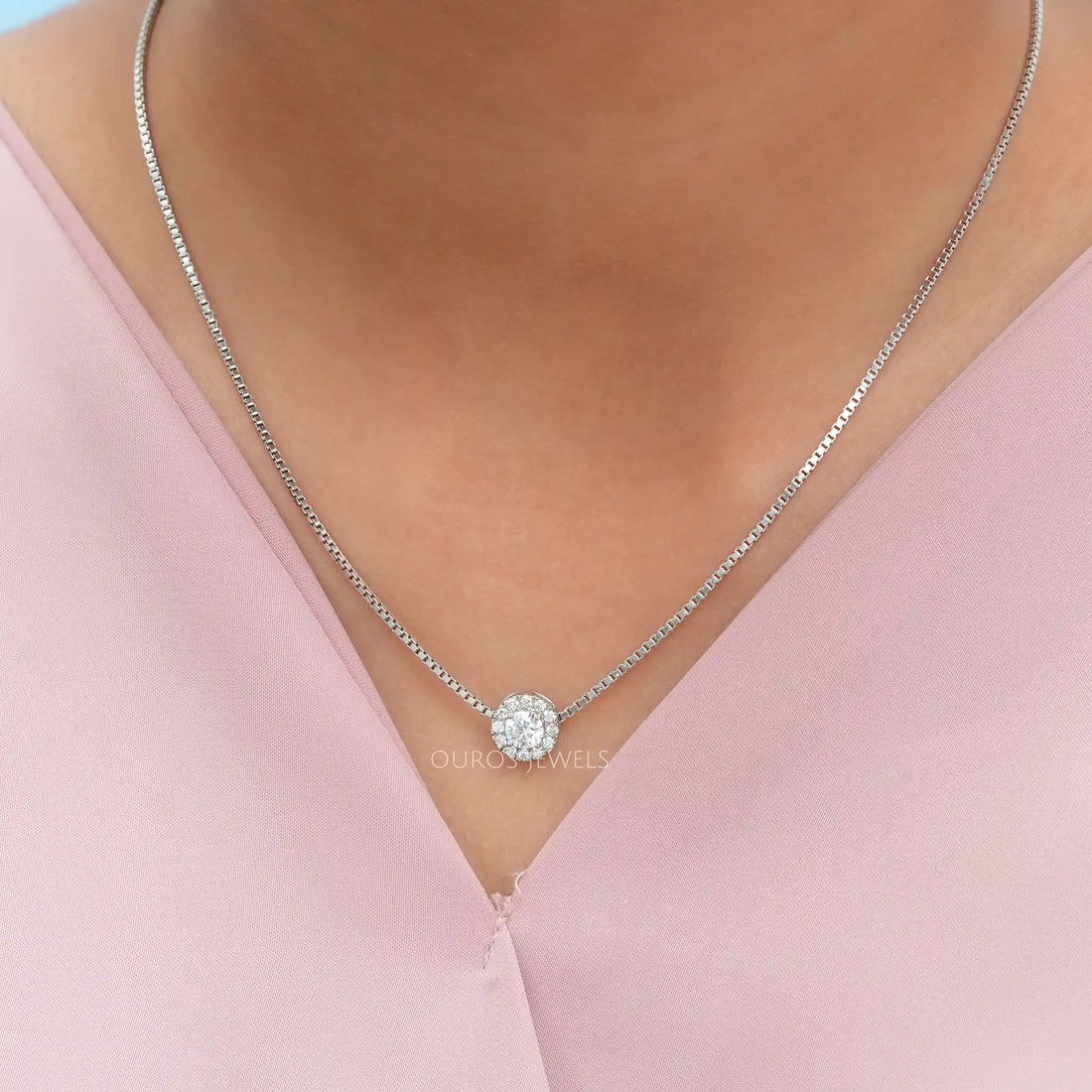 White Gold Halo Round Diamond Pendant Necklaces