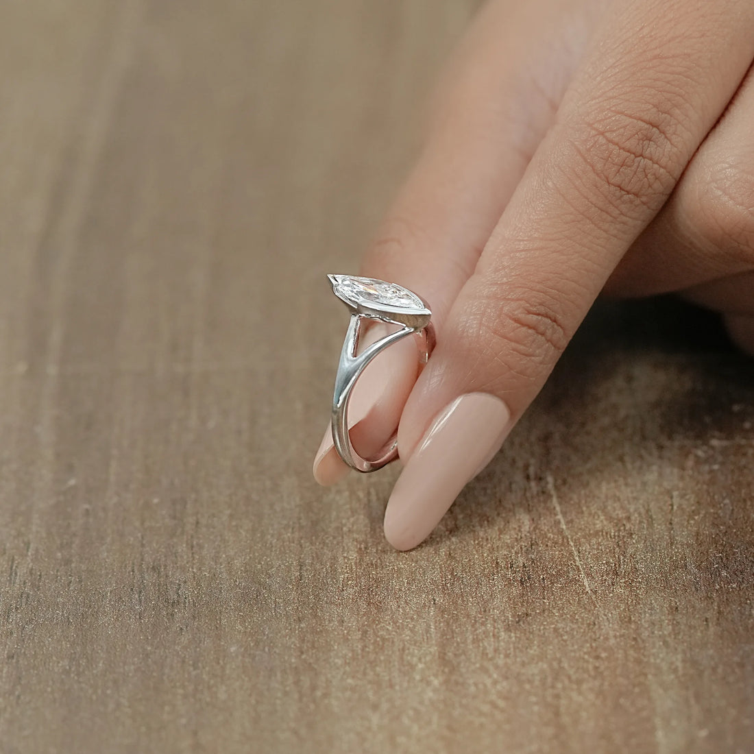 Half Bezel Marquise Diamond Split Shank Ring Ring