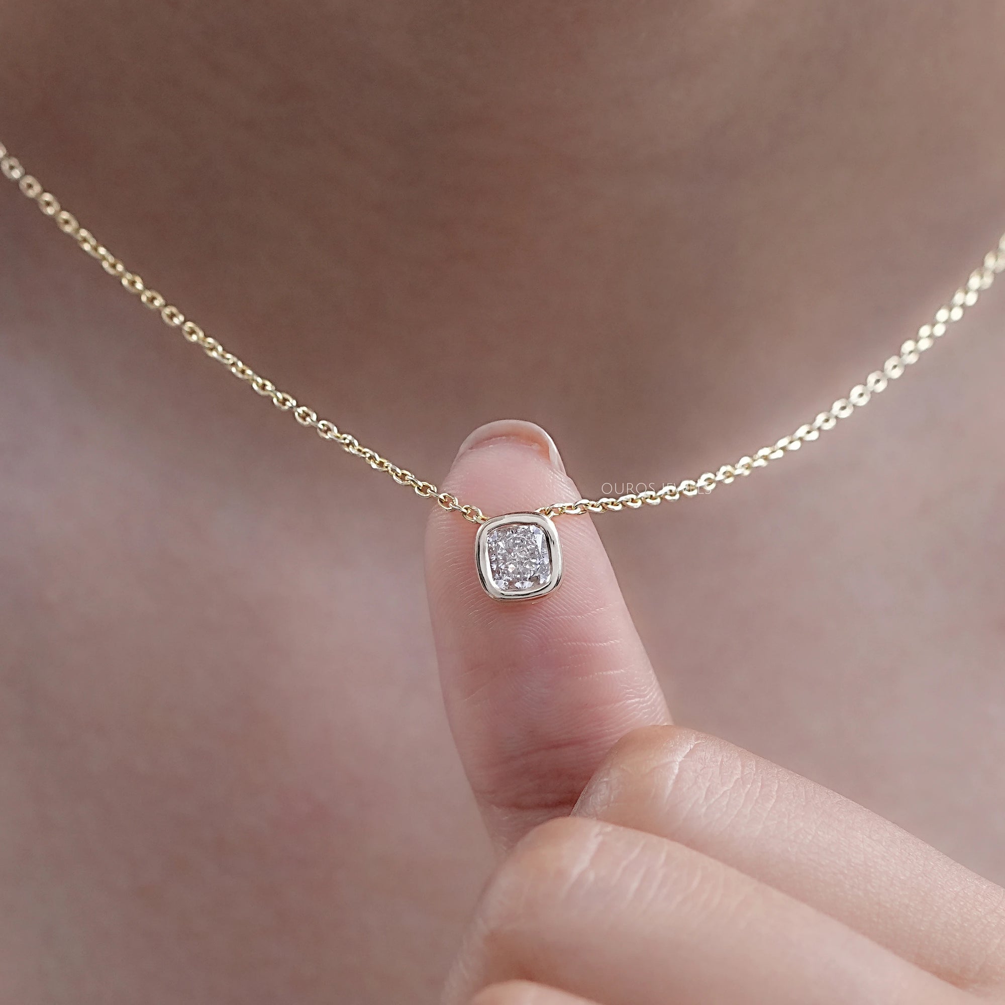 Square Cushion Diamond Bezel Set Solitaire Pendant Necklaces