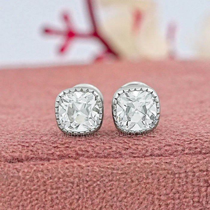 Square Old Mine Cushion Diamond Milgrain Stud Earrings