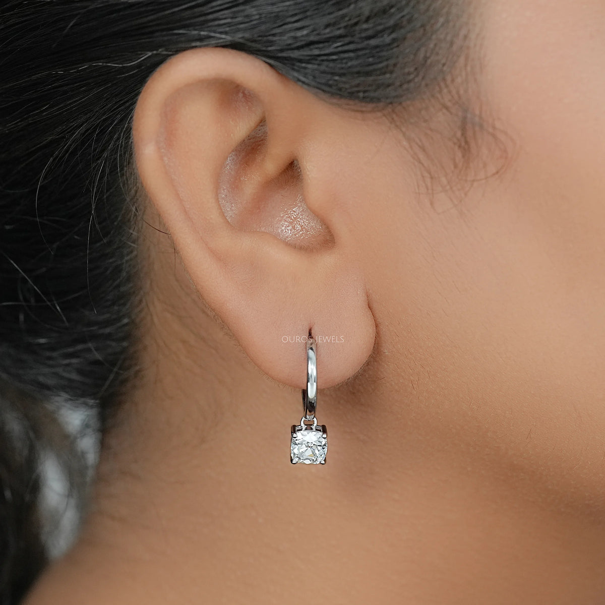 Square Old Mine Cushion Diamond Dangle Hoop Earrings Earrings