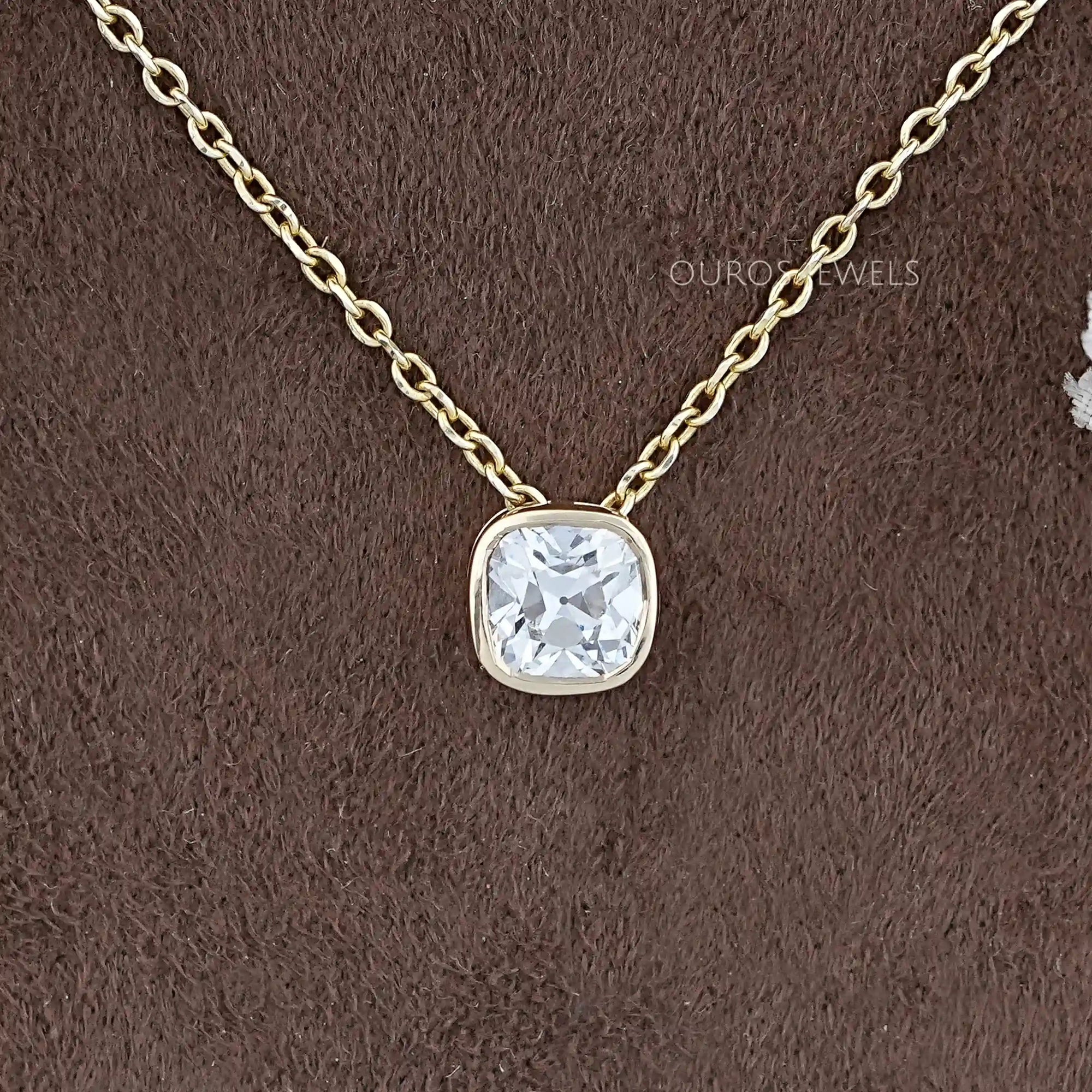 Square Old Mine Cushion Cut Bezel Solitaire Pendant Necklaces