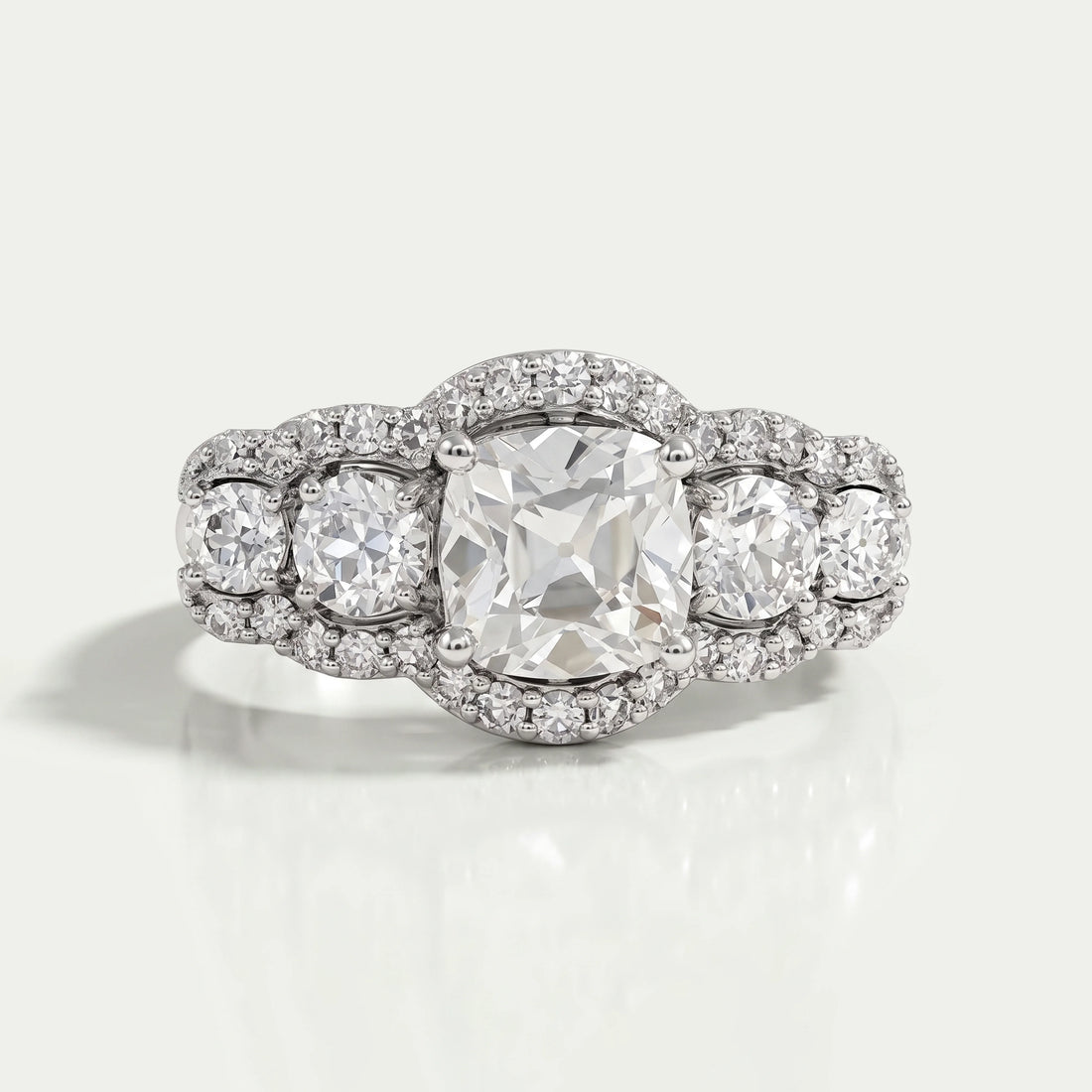 Square Old Mine Cushion Cut Five Stone Halo Engagement Ring Rings