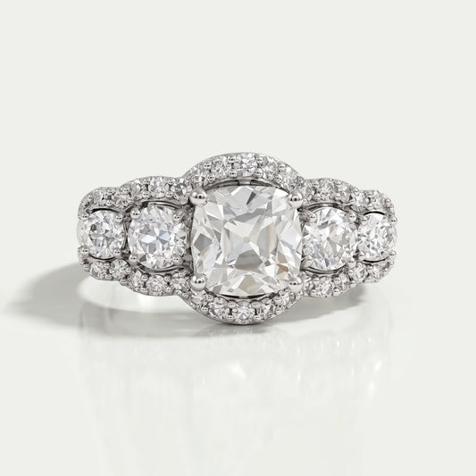 Square Old Mine Cushion Cut Five Stone Halo Engagement Ring