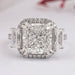 front view of square radiant cut diamond with halo accent three stone ring