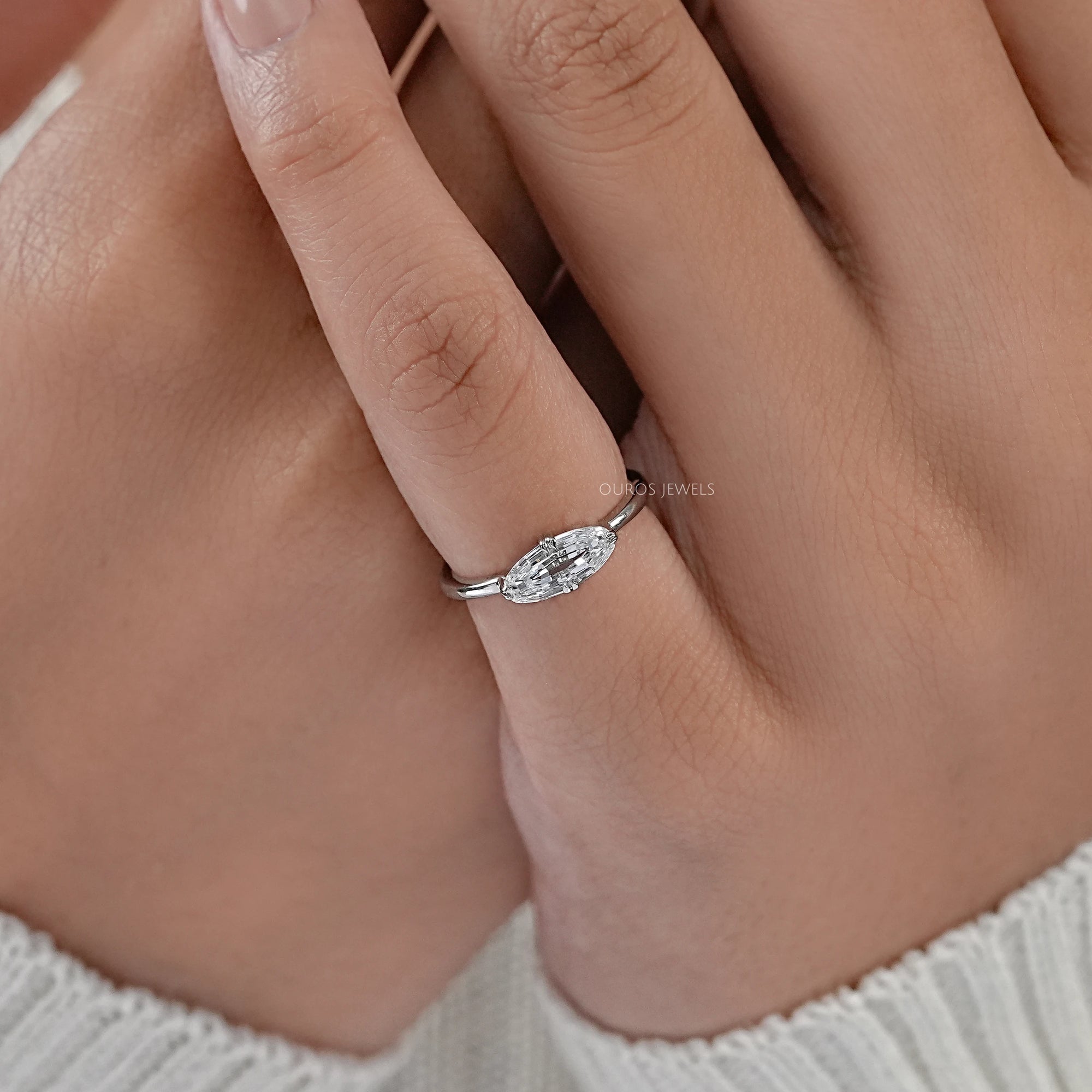 East West Step Cut Moval Lab Diamond Solitaire Ring