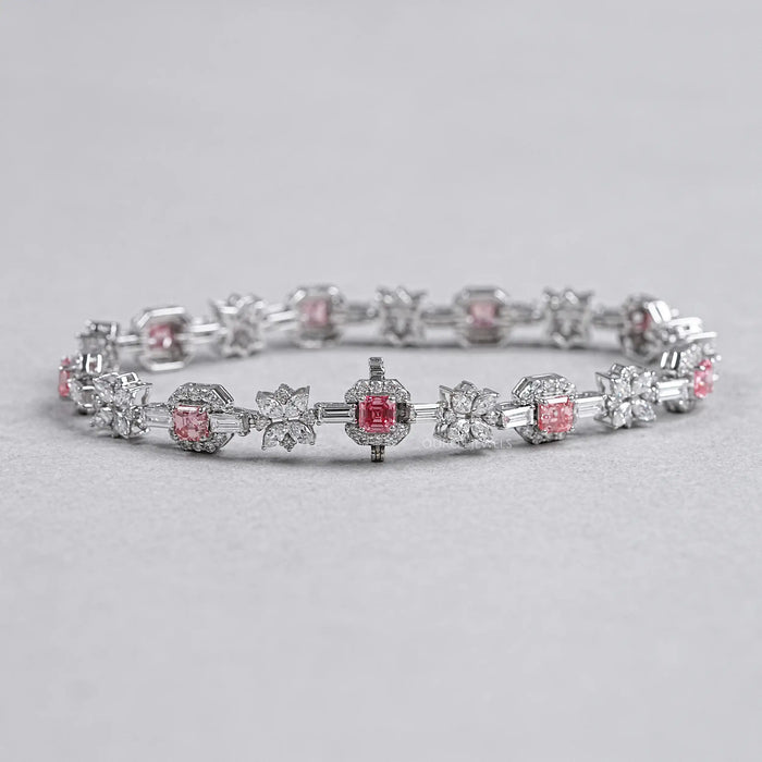 Bracelet tennis en diamants Asscher roses et fleurs