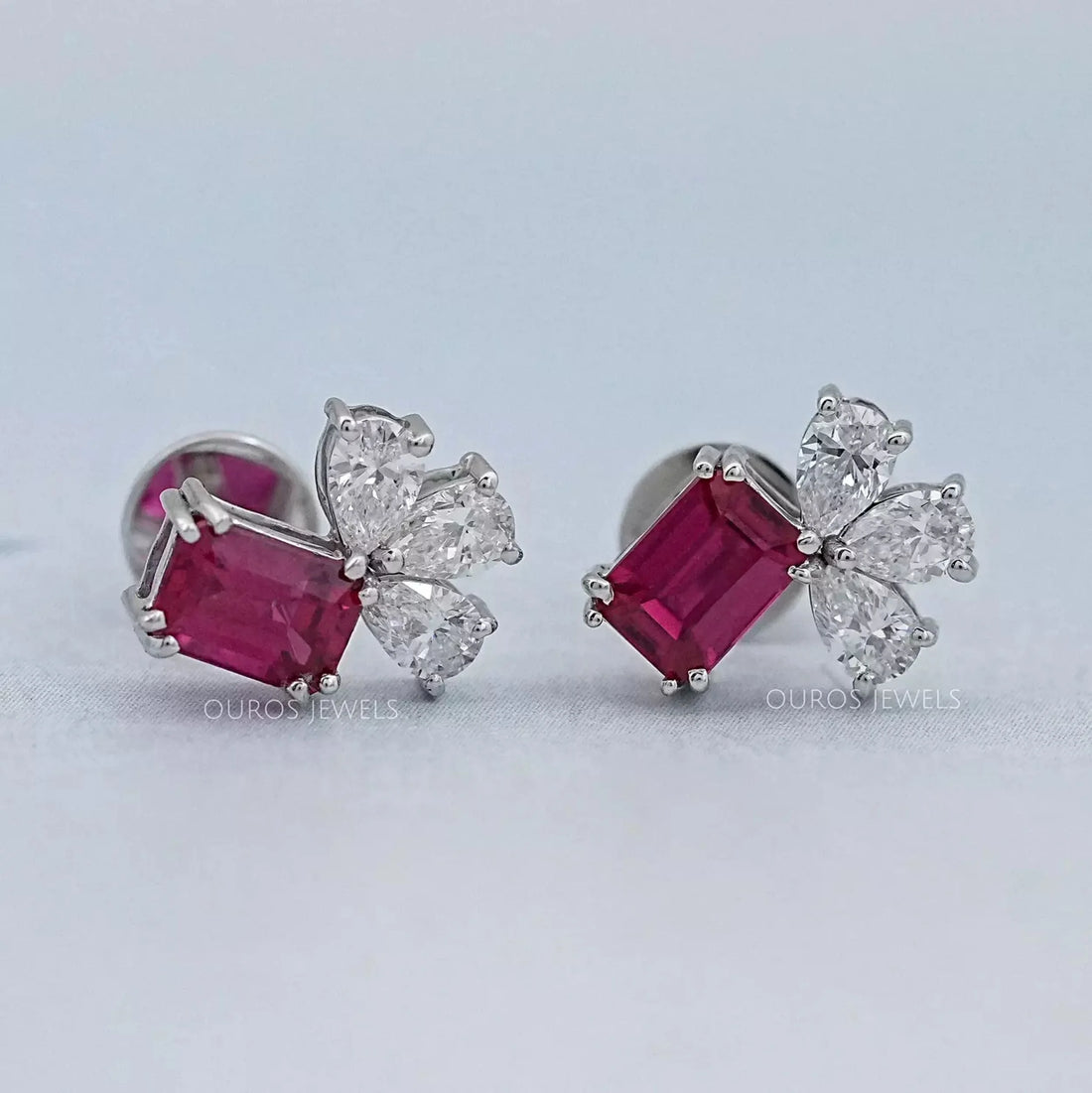 Ruby Emerald Gemstone And Pear Diamond Earrings