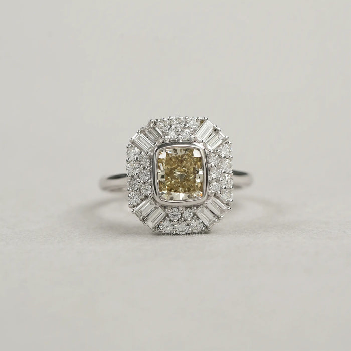 Yellow Cushion Cut Bezel Set Cluster Diamond  Ring