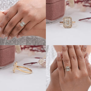 Bague de fiançailles avec diamants émeraude - monture halo baguette