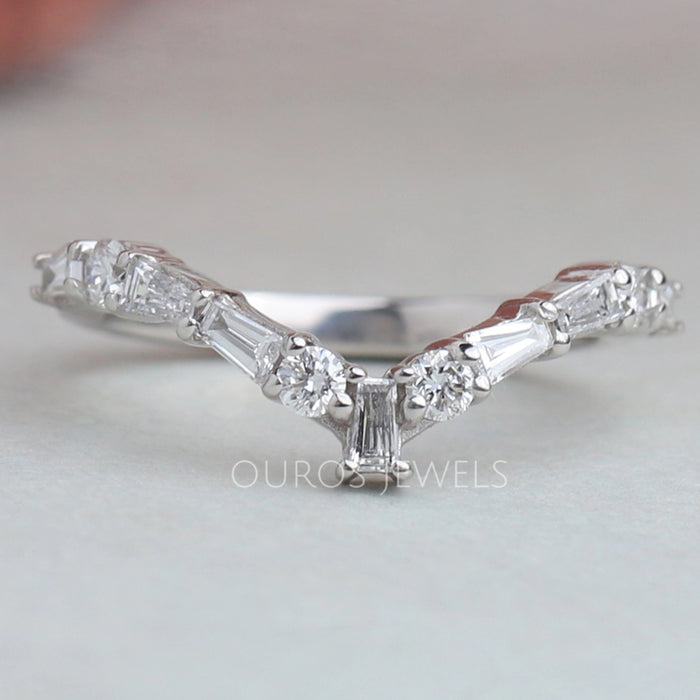 Tapered  Baguette and Round Chevron Wedding Band