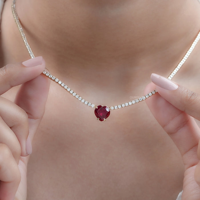 Ruby Heart And Round Diamond Tennis Necklace