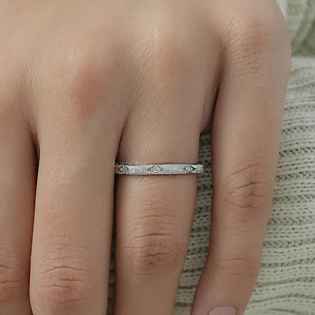 Textured Finish Dainty Diamond Wedding Band Ring