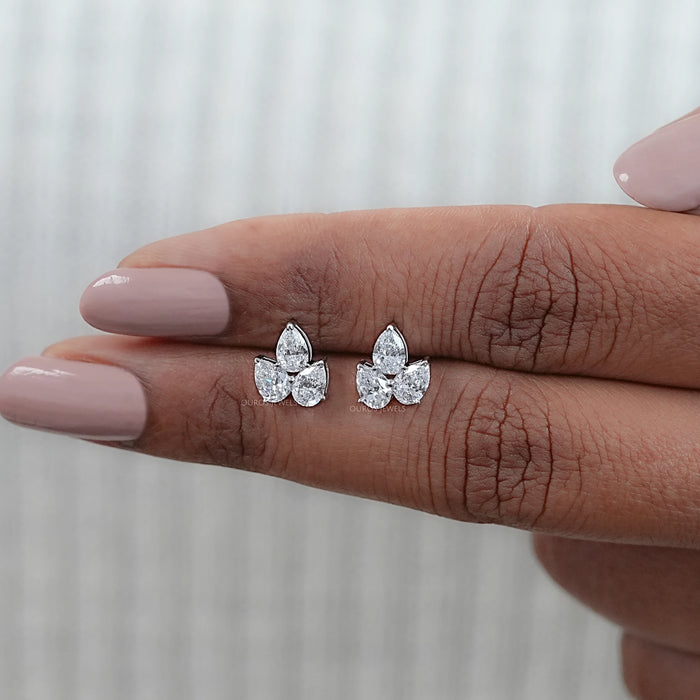 Three Stone Pear Cut Lab Diamond Stud Earrings