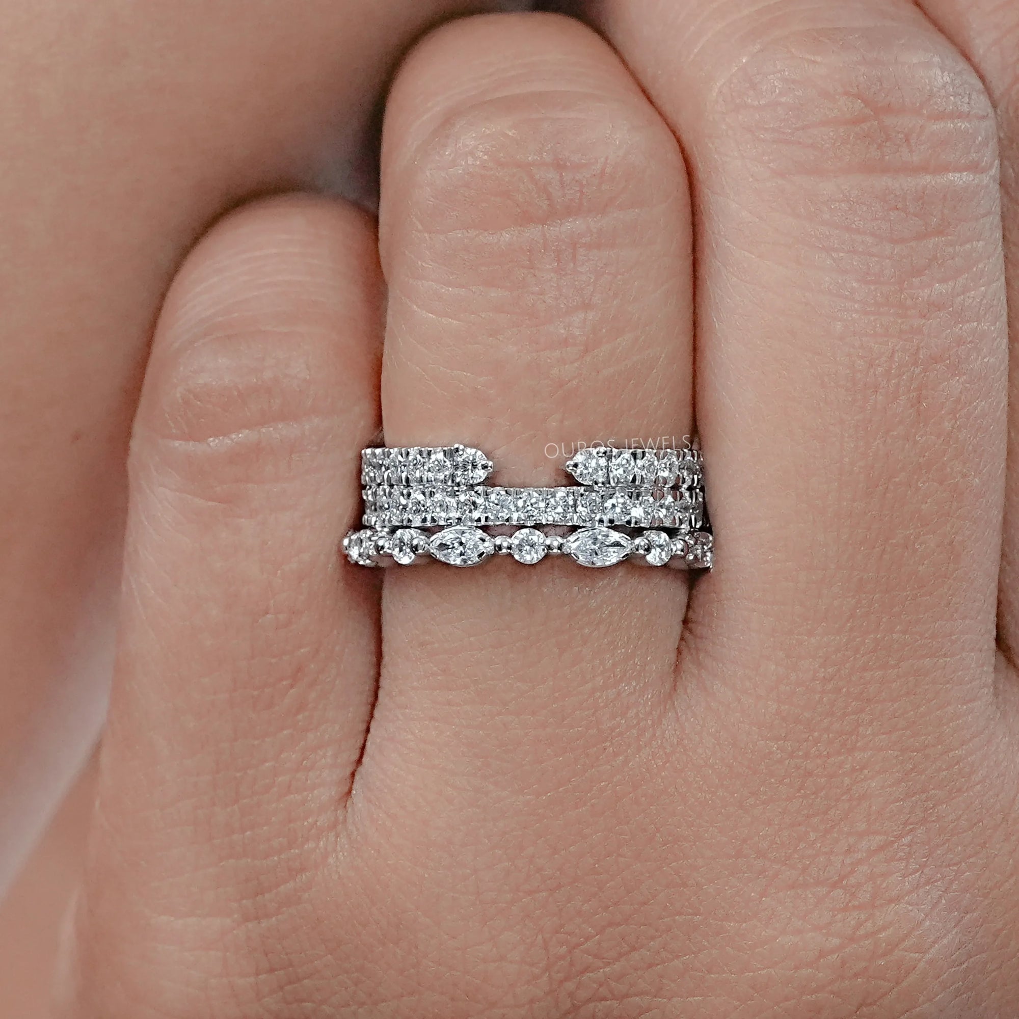 Three Row Round and Marquise Cut Half Eternity Band Rings