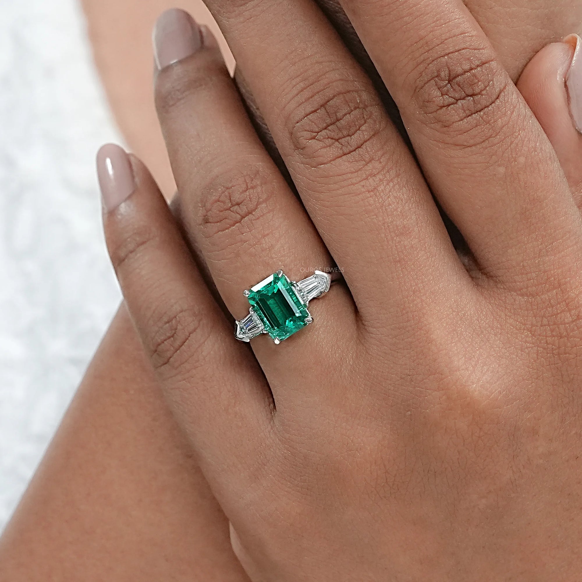 Three-Stone Emerald And Bullet Cut Diamond Ring Ring