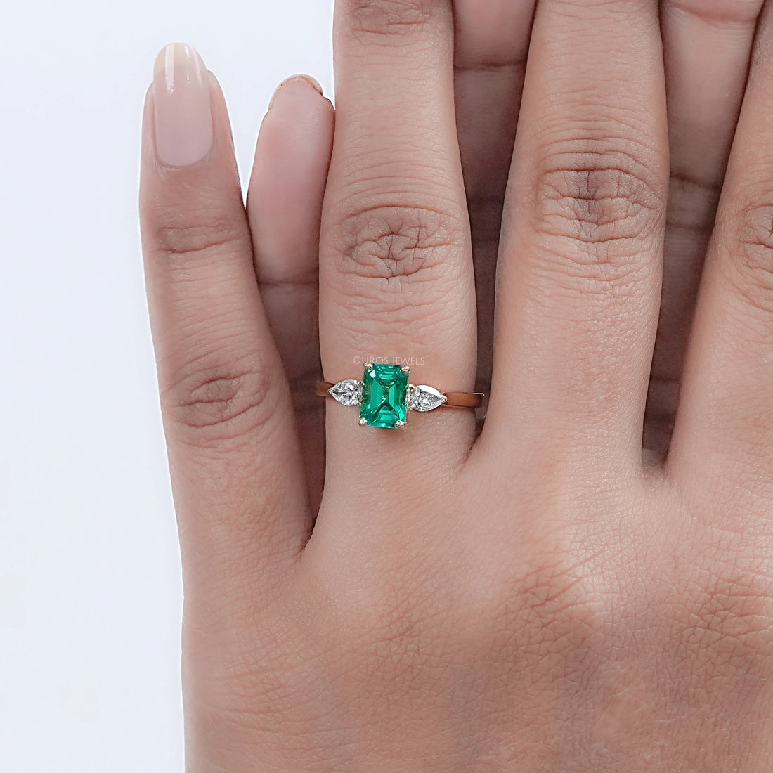 Emerald Gemstone And Pear Diamond Trio Engagement Ring Rings