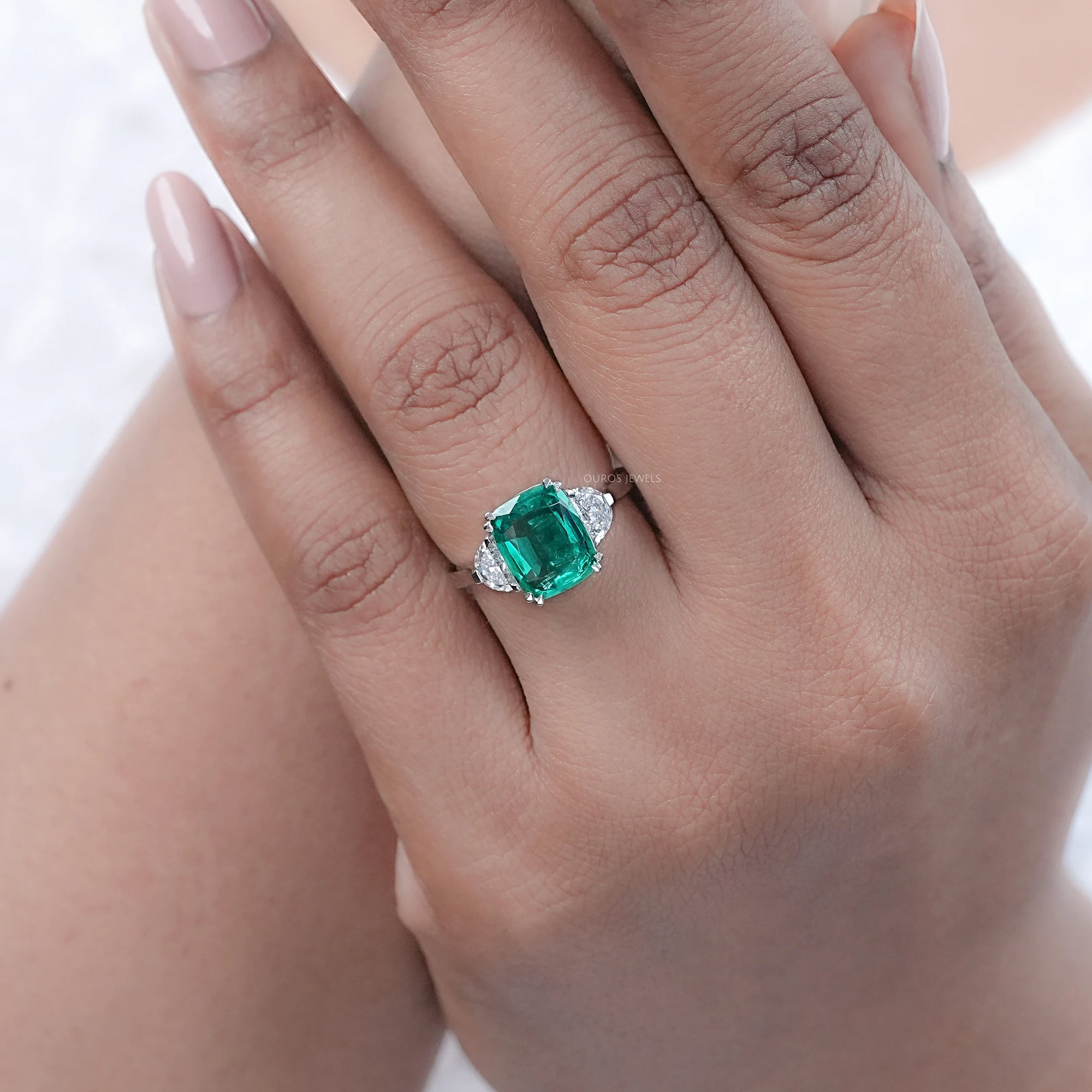 Green Cushion And Half Moon Trio Engagement Ring Rings