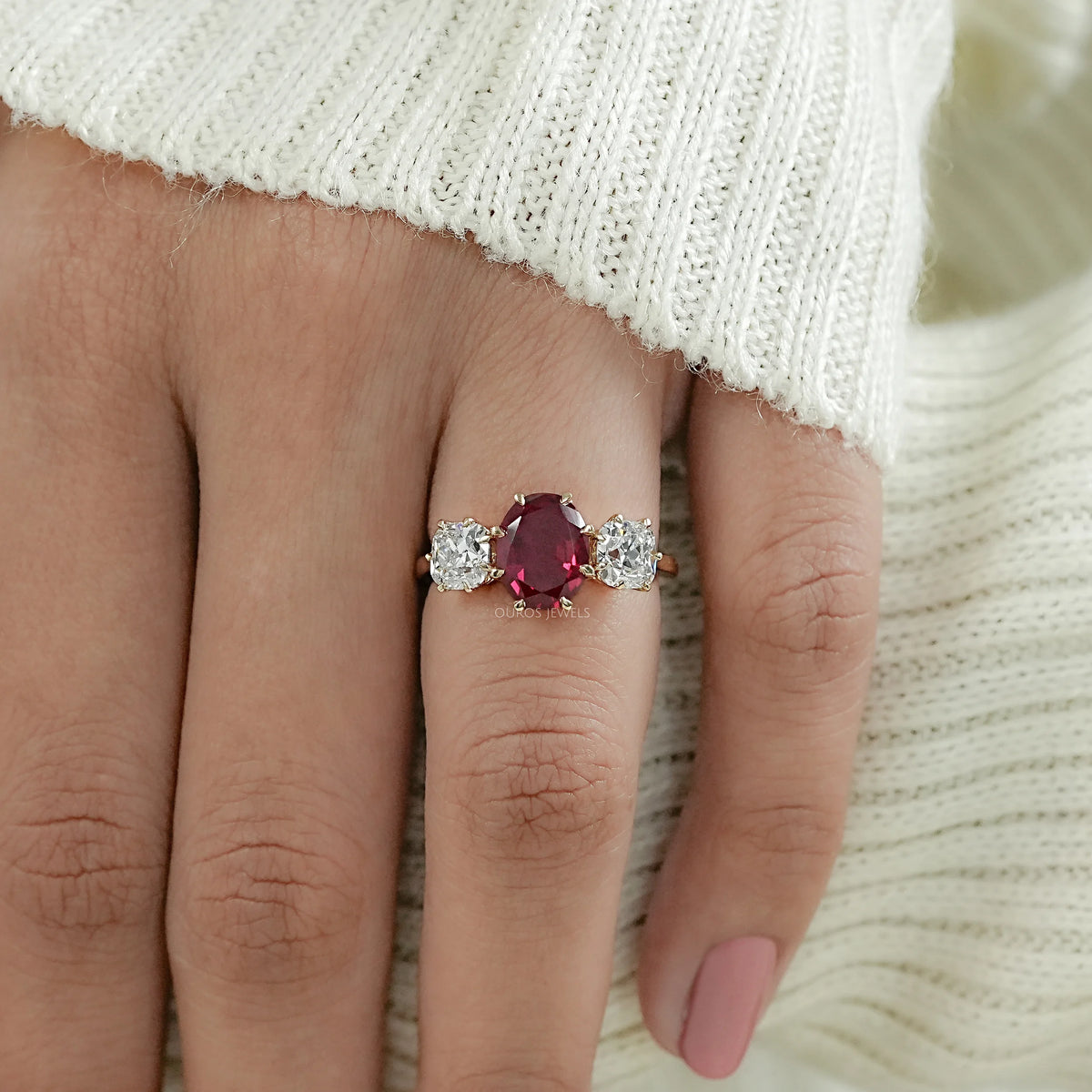 Three Stone Ruby Oval Gemstone Engagement Ring Ring