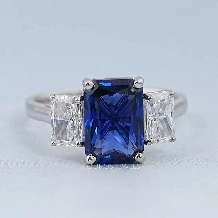 Sapphire Radiant And Lab Diamond Three Stone Ring