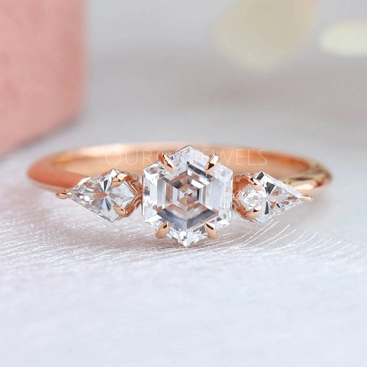 Three Stone Hexagon Cut Diamond Engagement Ring