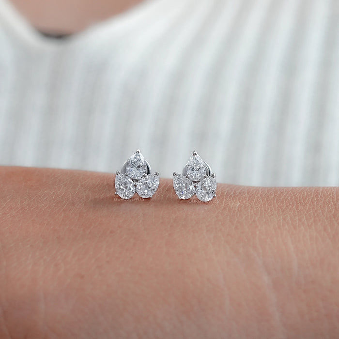 Three Stone Pear Cut Lab Diamond Stud Earrings