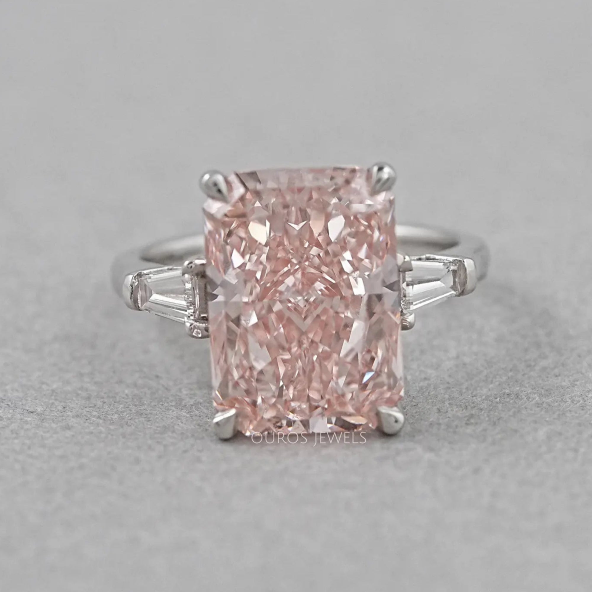 Pink Radiant Cut Lab Diamond Three Stone Ring Ring