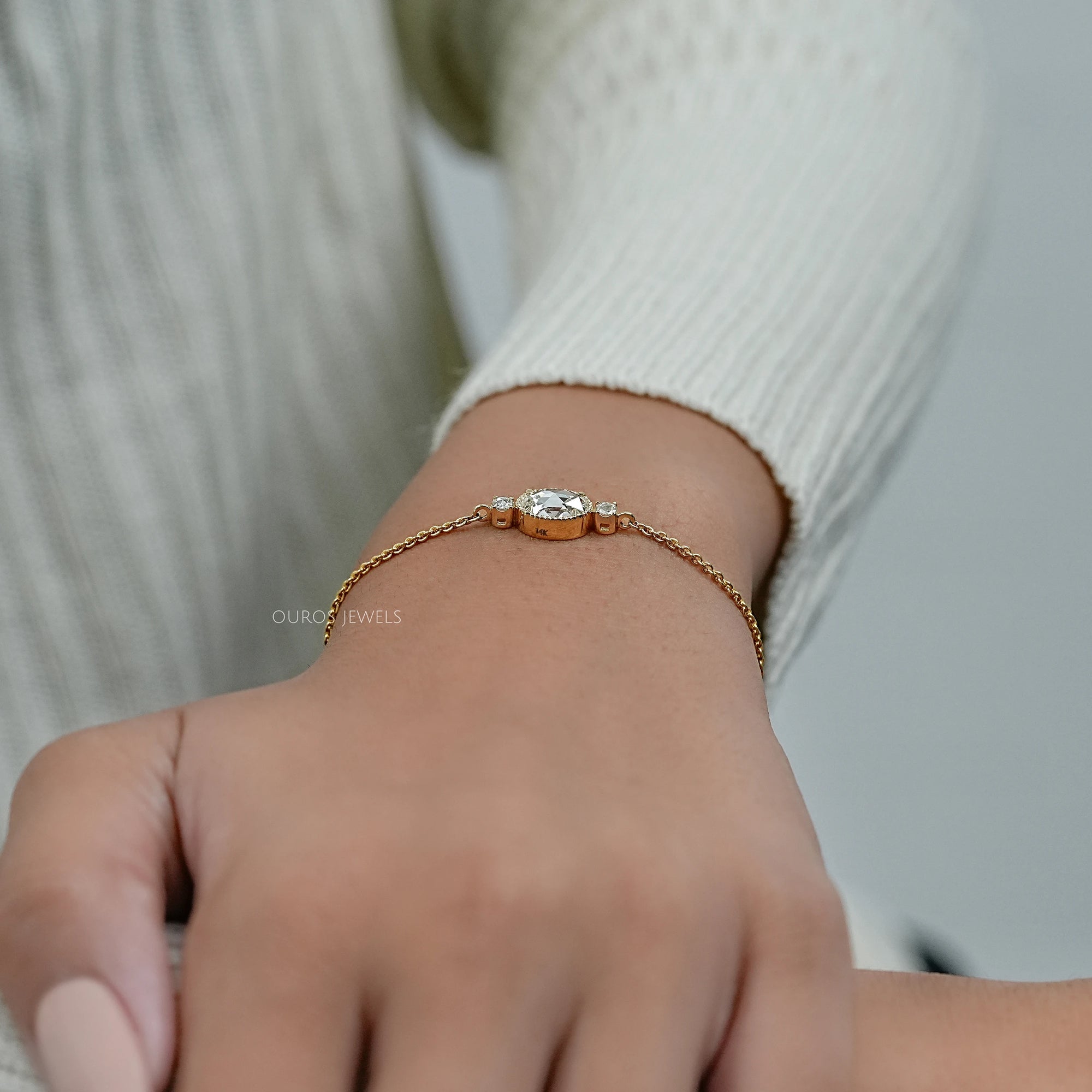 Three Stone Rose Cut Oval Bezel Chain Bracelet