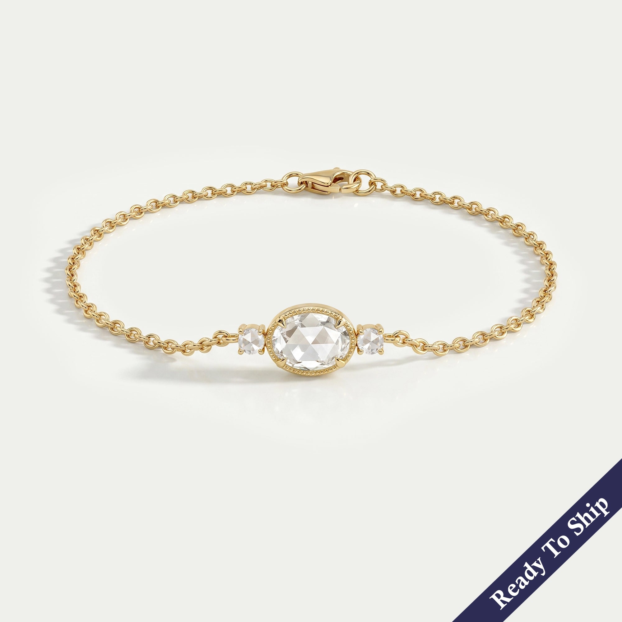 Three Stone Rose Cut Oval Bezel Chain Bracelet Bracelet