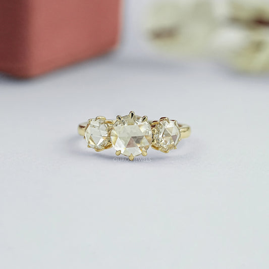Three Stone Rose Cut Round Engagement Ring Ring