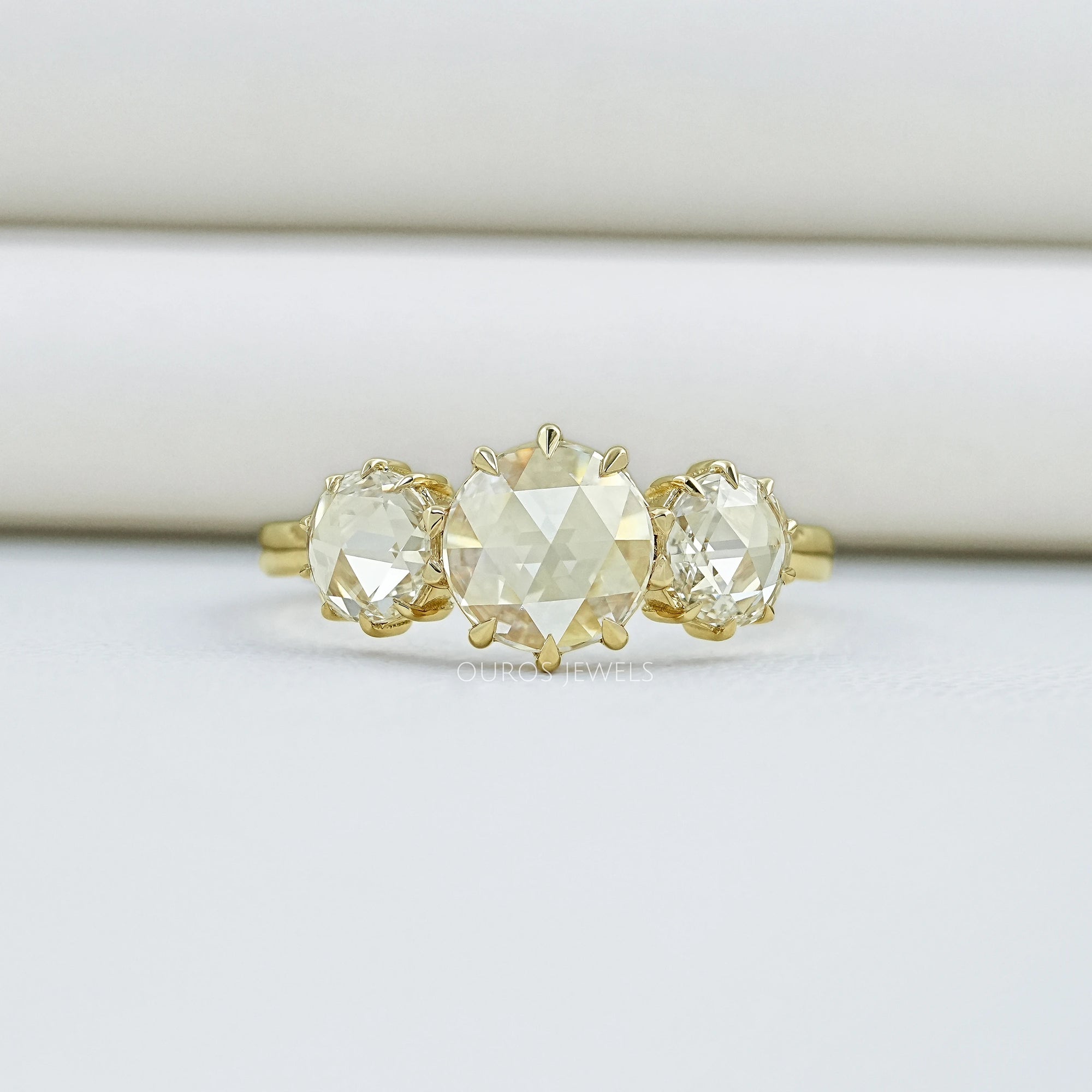 Three Stone Rose Cut Round Engagement Ring
