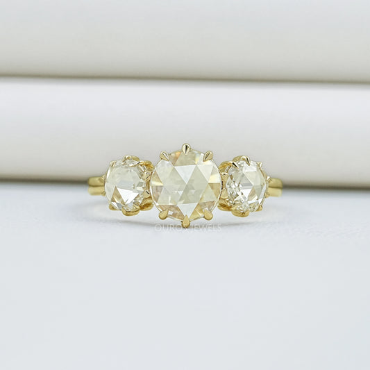 Three Stone Rose Cut Round Engagement Ring
