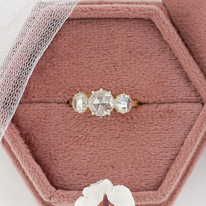 Three Stone Rose Cut Round Engagement Ring