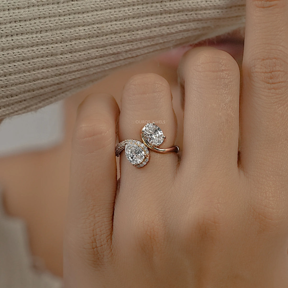 Two Stone Accent Diamond Bypass Engagement Ring Ring