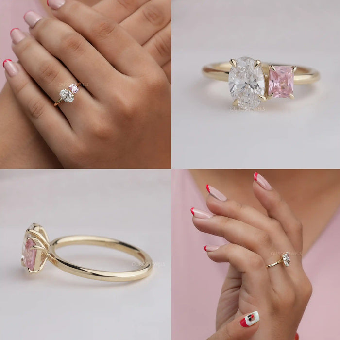 collages of radiant cut gemstone and oval diamond toi et moi engagement ring