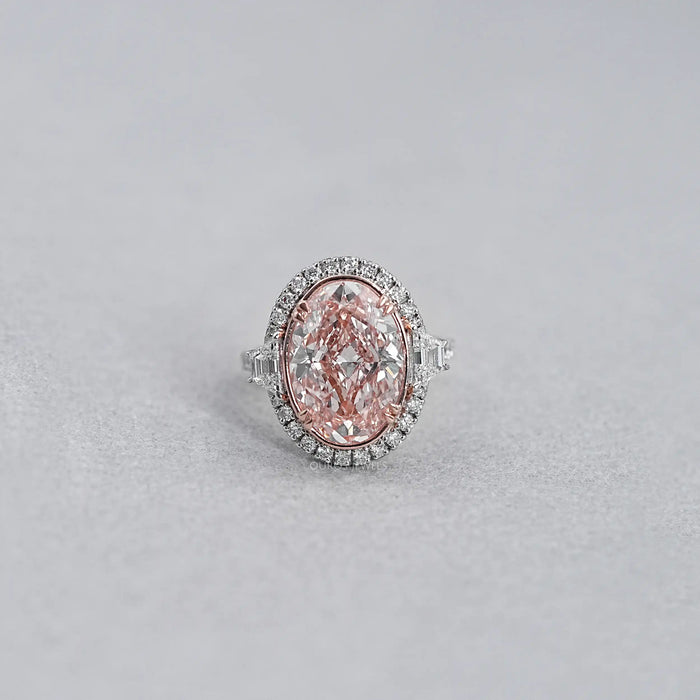 Trapezoid With Pink Oval Accent Halo Diamond Ring