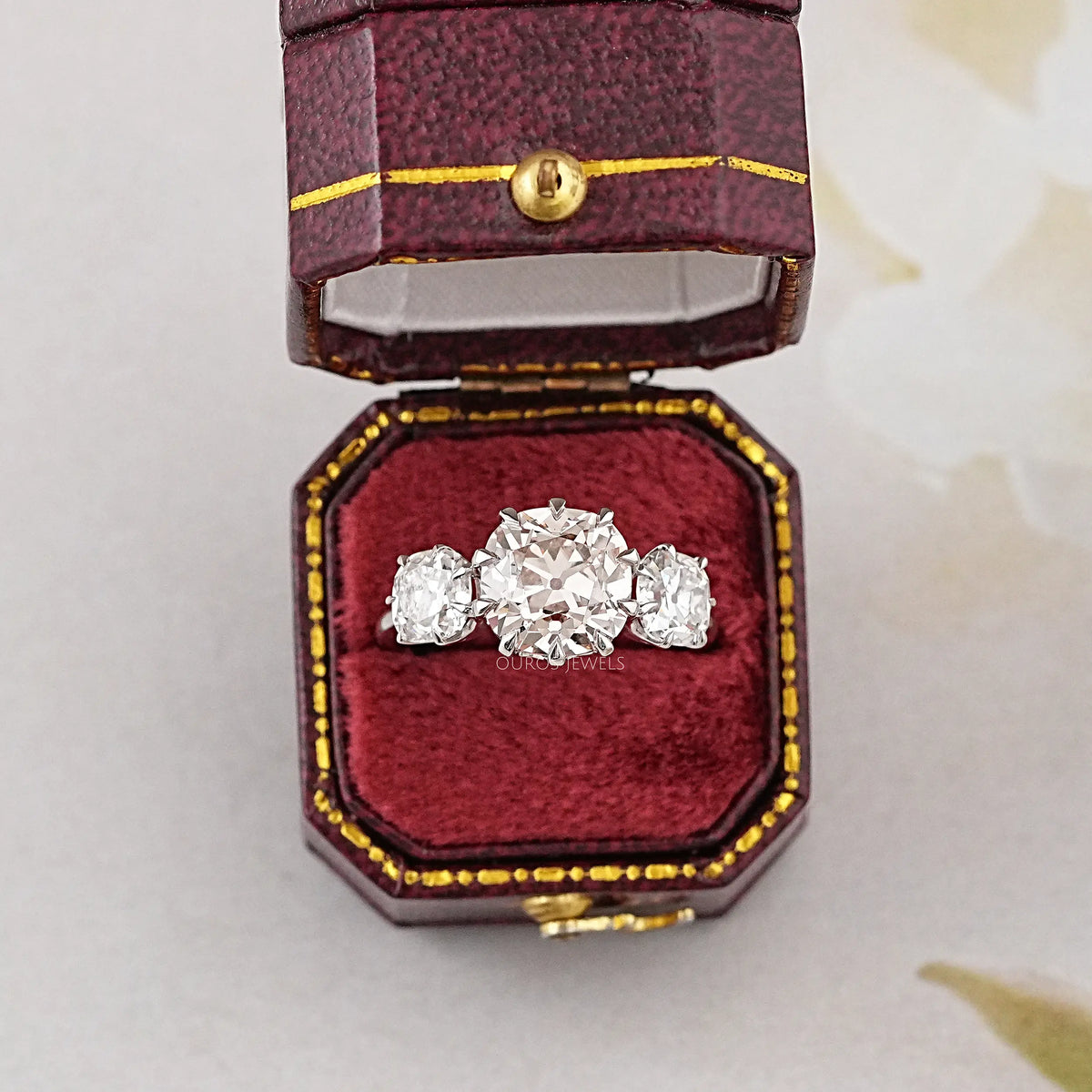 Tri Diamond Old Mine Cushion Cut Engagement Ring Rings