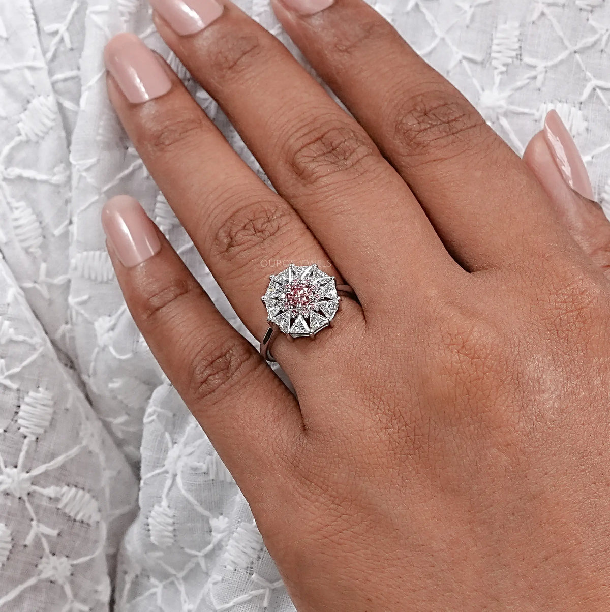 Pink Round Cut Halo Triangle Engagement Ring Rings