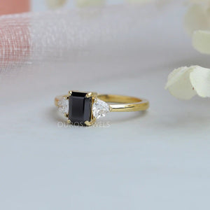 yellow gold black emerald gemstone and trillion cut lab grown diamond ring