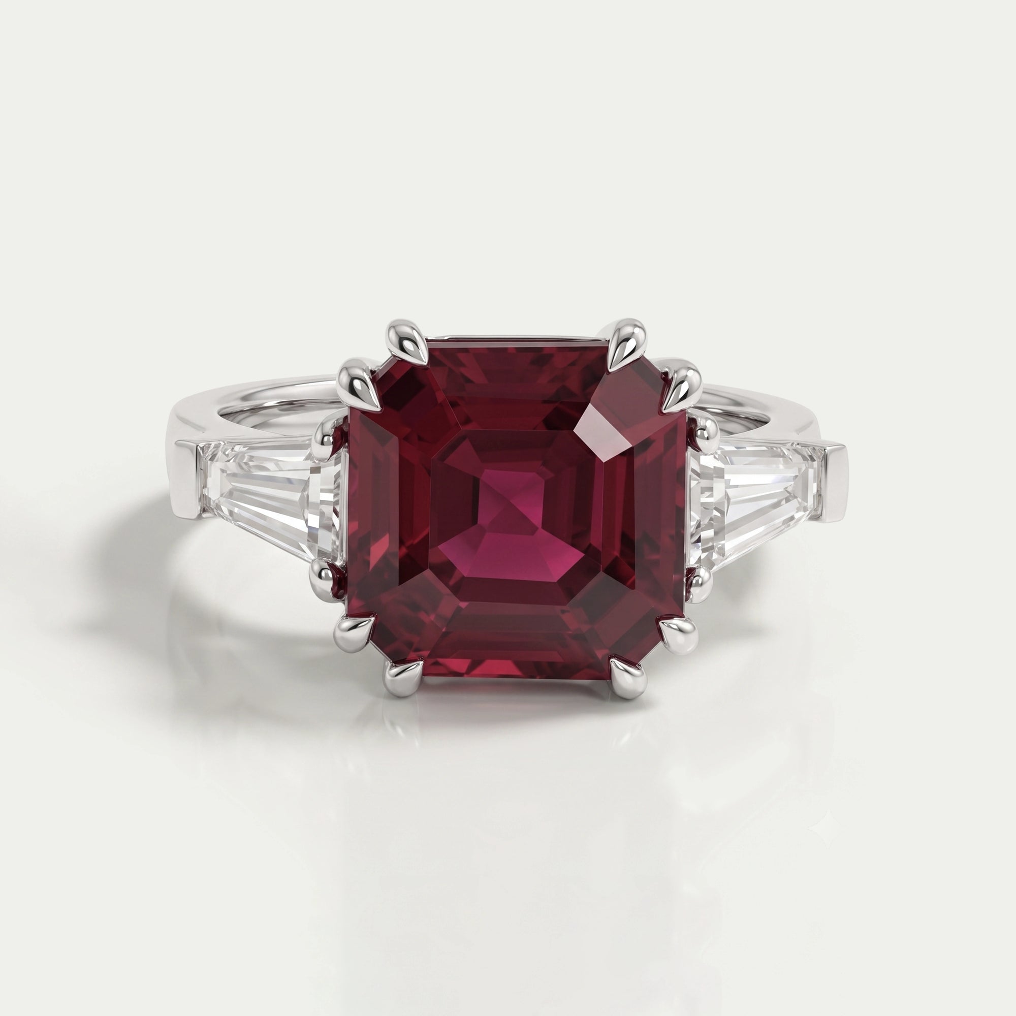 Asscher Cut Ruby Gemstone Tri Stone Ring
