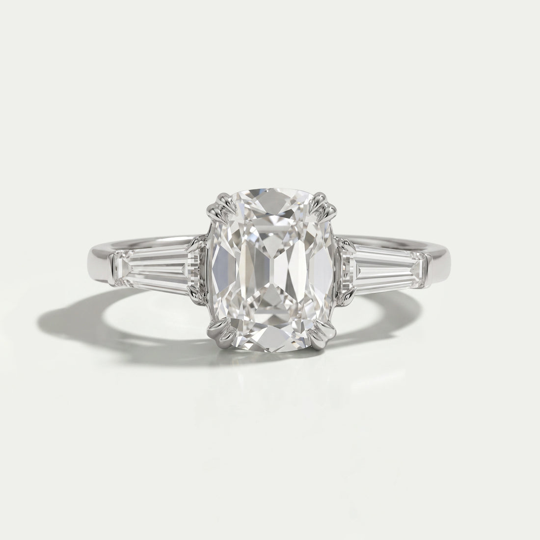 Three Stone Old Mine Cushion Cut Diamond Engagement Ring Ring