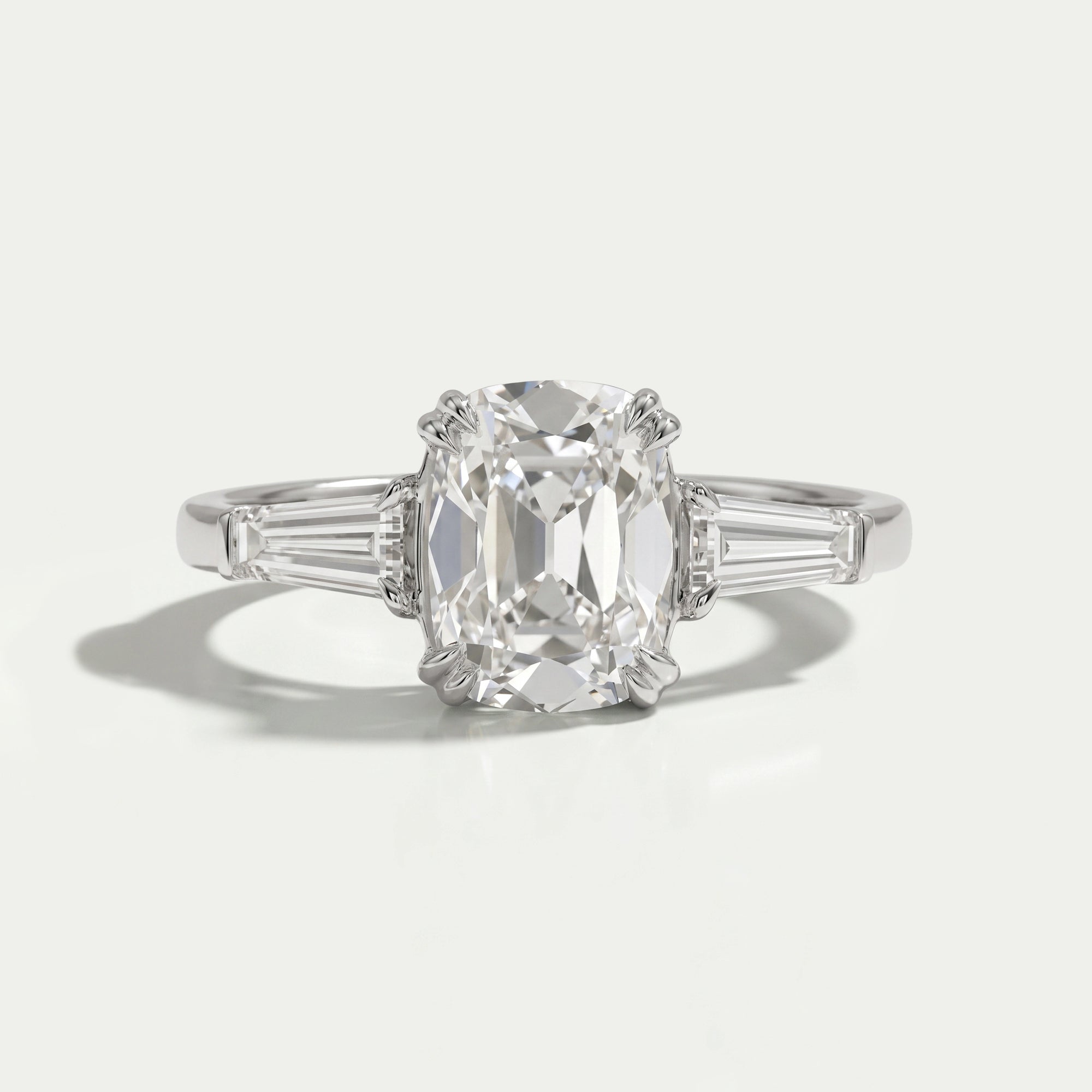Three Stone Old Mine Cushion Cut Diamond Engagement Ring Ring