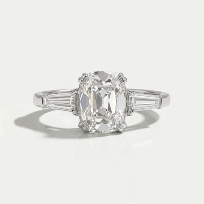 Three Stone Old Mine Cushion Cut Diamond Engagement Ring Ring