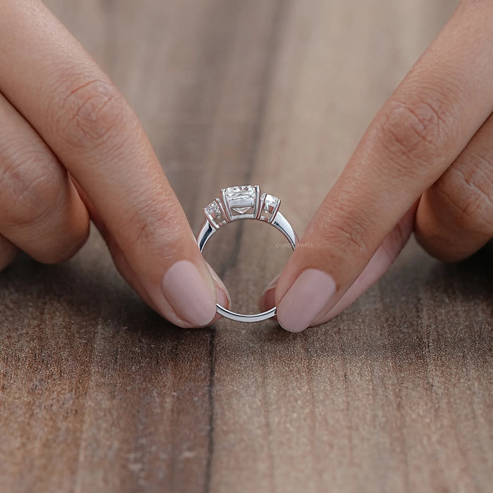 cushion cut lab diamond three stone engagement rings's close view