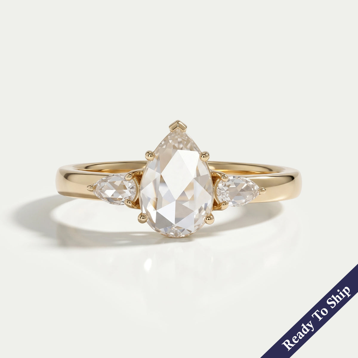 Three Stone Rose Cut Pear Diamond Engagement Ring Ring