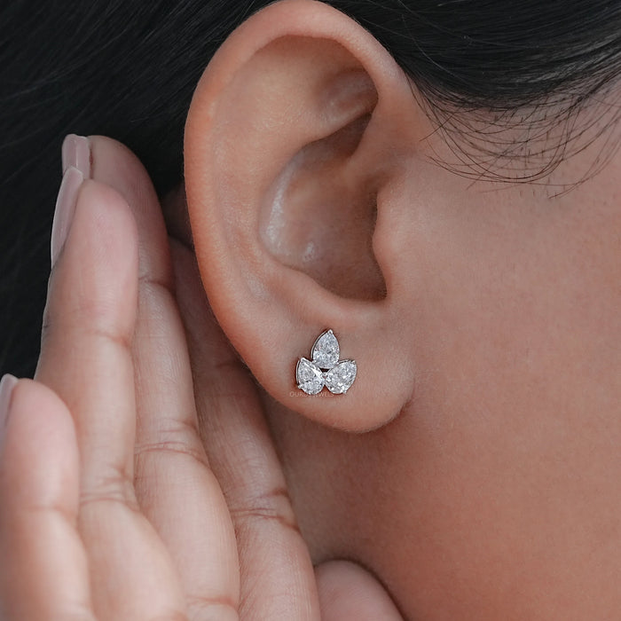 Three Stone Pear Cut Lab Diamond Stud Earrings