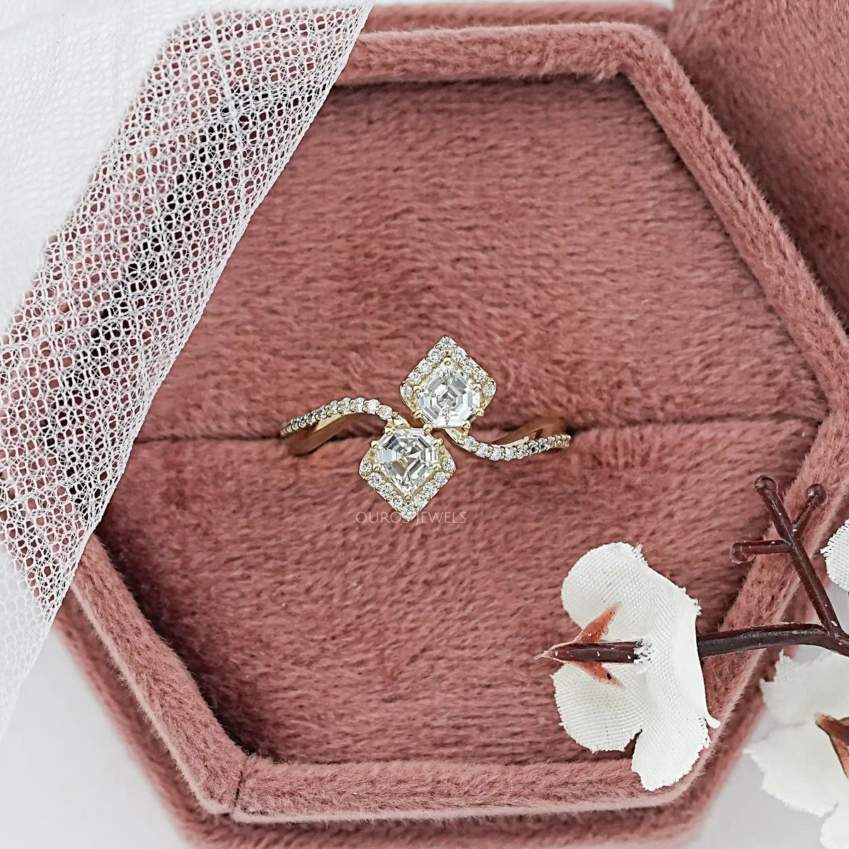 Two Stone Bullet Cut Halo Diamond Bypass Ring Ring