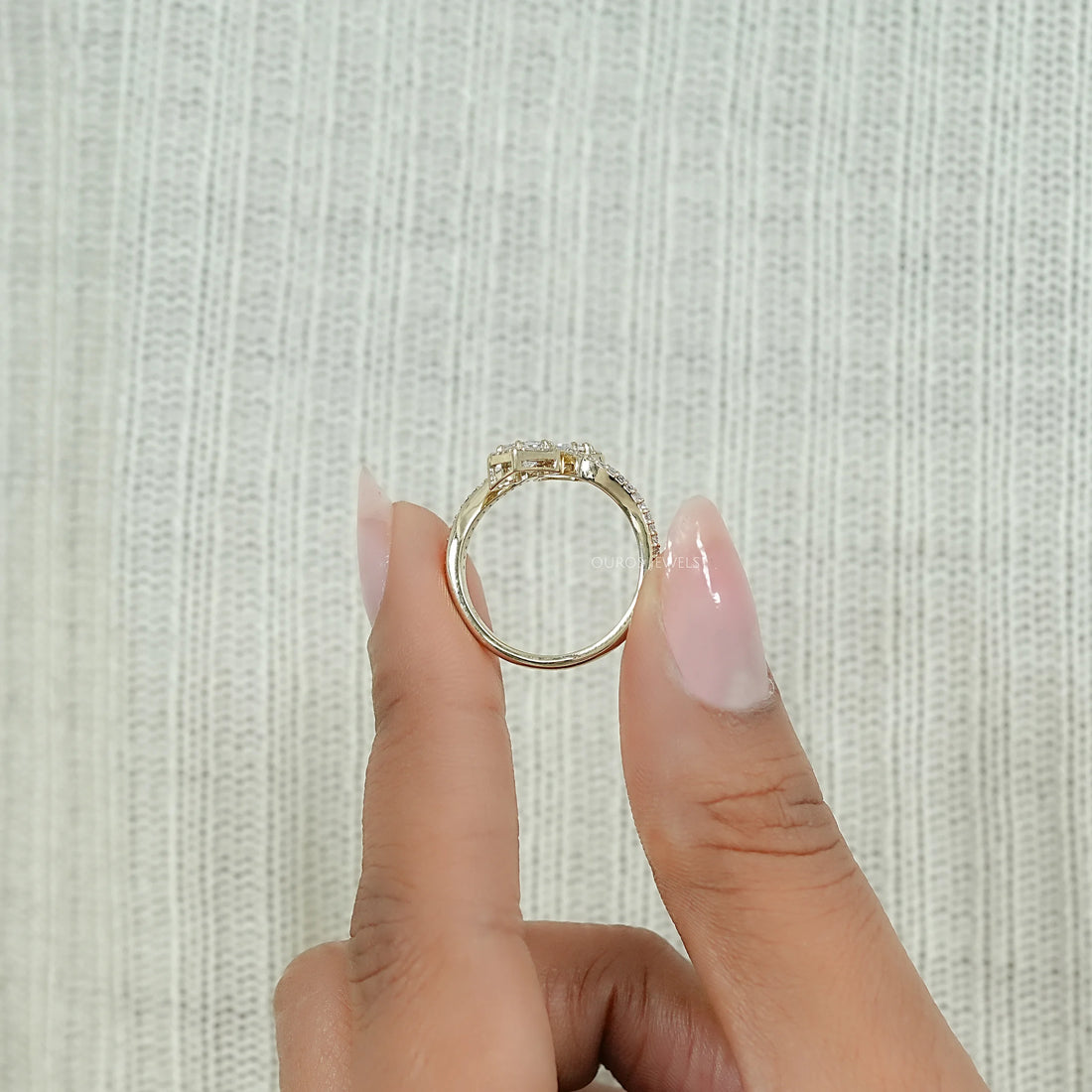 Two Stone Bullet Cut Halo Diamond Bypass Ring Ring